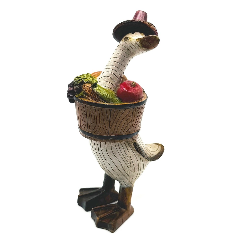 Whimsical Harvest Goose Figurine Pilgrim Hat Basket Fall Thanksgiving Decor